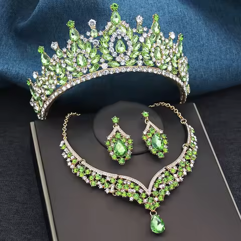 3 Pcs Green Bridal Wedding Crown Sets Tiaras Bride Headdress for Princess Banquet Dubai Jewelry Sets