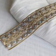 1/5 Yard Gold Thread Embroidered Sequin Decorated Mesh Trim, Heat Sealable, Suitable For Home Decor,