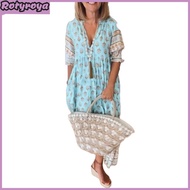 Summer Spring Maxi Dress V Neck Bohemian Style Lantern Sleeves A-line Big Swing Pleated High Waist P