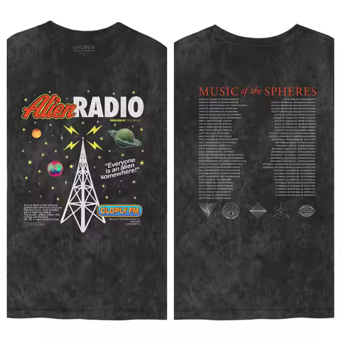 Coldplay Alien Radio Retro Space Graphic T-Shirt – Vintage Radio Theme & Band Lyric Print Cotton App
