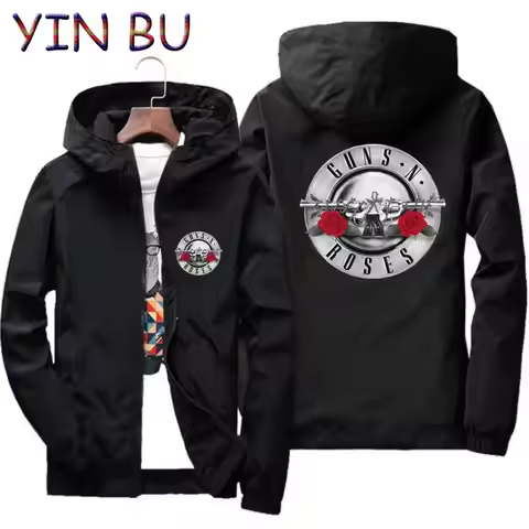 Men's Gun And Roses Rock Band Guns N Roses Plus Size Sportswear Thin Windbreaker Jacket Hooded Zippe