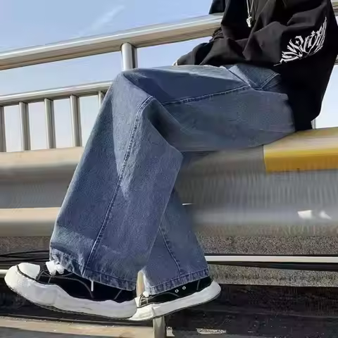 Men's Jeans Korean Version Student Casual Pants High Street Straight Loose Wide Leg Jeans Black Grey