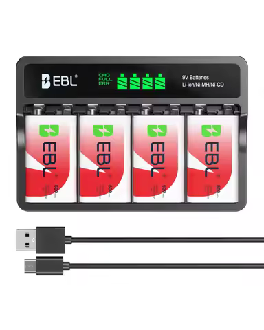 EBL 4PCs 600mAh 9V Rechargeable Batteries Lithium Ion 9-Volt Battery + 4Slots Charger