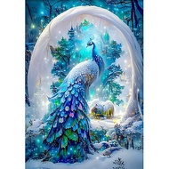 ภาพวาดเพชร DIY 5D เพชรกลมเต็มสีฟ้าลายนกยูงปักเพชรตกแต่งบ้าน