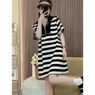 Summer Plus Size Striped V-Neck Short-Sleeved Dress Loose Casual Striped T-Shirt Dress Dress