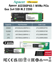 Apacer 256GB|512GB|1TB AS2280P4X-1 NVMe PCIe Gen 3x4 SSD M.2 2280 Read and Write Speeds up to 2,100 / 1,700 MB/s- 3 Y