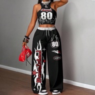 2pcs/Set Women Casual Street Tight Tank Top And Loose Pants Set, Sexy Lips Black & White Print, "80s
