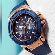 GUESS ROSE GOLD TONE RIGOR BLUE SILLICONE WOMEN WATCH