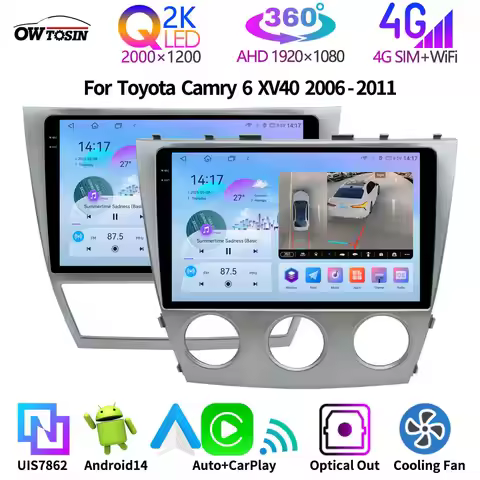 QLED 2K Screen 8G+256G Android 14 Car Multimedia GPS Radio Head Unit For Toyota Camry 6 XV40 2006-20