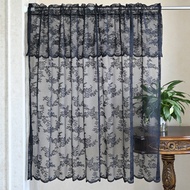 【Ready Stock】Black Lace Flower Embroidery Sheer Short Curtain For Kitchen Small Window Bay Mesh Half Curtain Cabinet Dust Proof Room Rod Pocket Top Door Window Decora