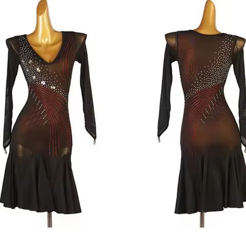 New Latin Dance V-neck Competition Dress Samba Long Sleeve Navy Blue Clothing Women's High-grade Rum