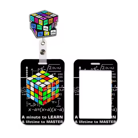 Magic Cube Pattern Work Card Holder Name Badge with Keychains Student Id Card Lanyard Holder Accesso