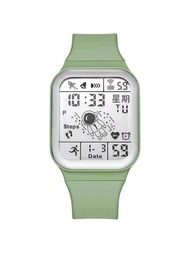 1入綠色男女兼用雙玻璃鏡面長方形夜光鬧鐘定時日曆週計時矽質帶多功能電子手錶,日常穿戴