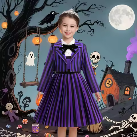 Movie Enid Cosplay Costume Girls Purple Striped Princess Dress for Halloween Carnival Birthday Party