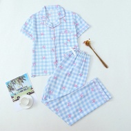 2pc Set Blue & White Plaid Bow Decor Button-Up Short Sleeve Top And Pants Women Pajamas Set, Spring/