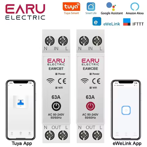 1P+N 63A Tuya eWeLink App WiFi Smart Circuit Breaker MCB Timer Relay Switch Voice Remote Control for
