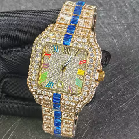 Bling Square Diamond Quartz Watch Men Silver Color Luxury Brand Steel Fashion Timepiece Novelty Shin