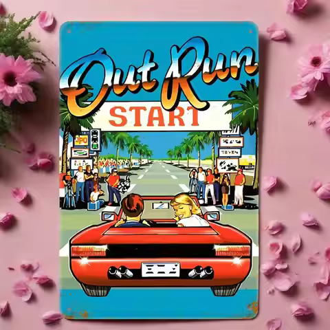 Artisanal Gasoline Patina Metal Sign – 1986 Arcade Turbo Mandala with Ferrari Testarossa Motifs | Re