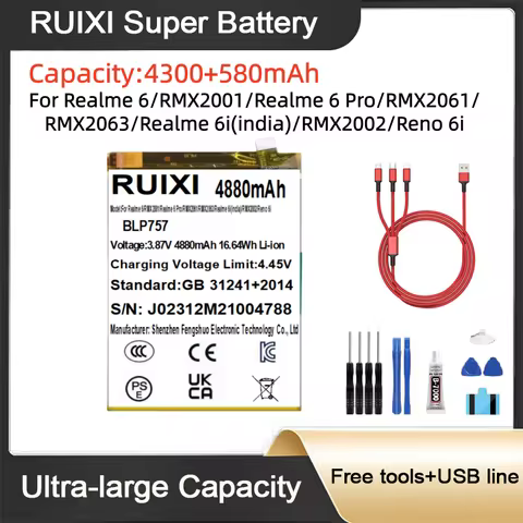 4880mAh BLP757 RUIXI Ultra Large Capacity Battery For Realme 6/RMX2001/Realme 6 Pro/RMX2061/RMX2063 
