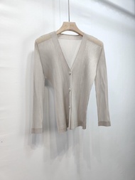 New Womens Mesh Long Sleeved V-neck Loose Casual Pleated Jacket