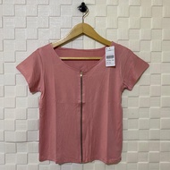 Atasan zipper lengan pendek wanita/kaos polos resleting depan/pakaian santai wanita spandek rayon