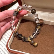 天然白水晶手串S925銀配奇楠沉香茶晶輕奢小衆時尚手鍊