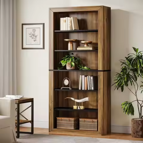 74.4'' Tall Bookcase, 7 Tiers Wood Open Display Floor Bookshelf, Vintage Open Display Storage Shelve