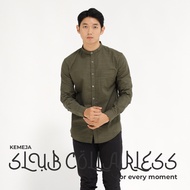 KEMEJA HIJAU Collarless Shirt Premium SLUB OXCON Green Sage Dark Sage Kemeja Lelaki