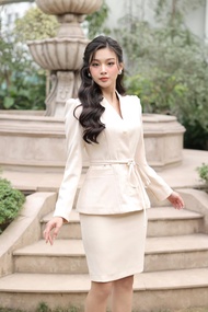Bộ đồ công sở nữ màu be set bộ nữ áo cổ vest dài tay cúc ngọc dây buộc phối chân váy