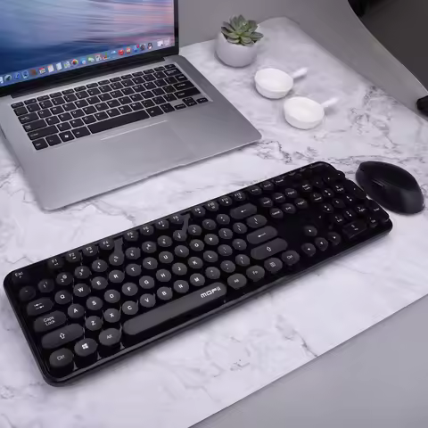 MOFii Black Retro Round Keycaps Wireless Keyboard & Mouse Combo, 2.4G Quiet Office Set, US QWERTY La