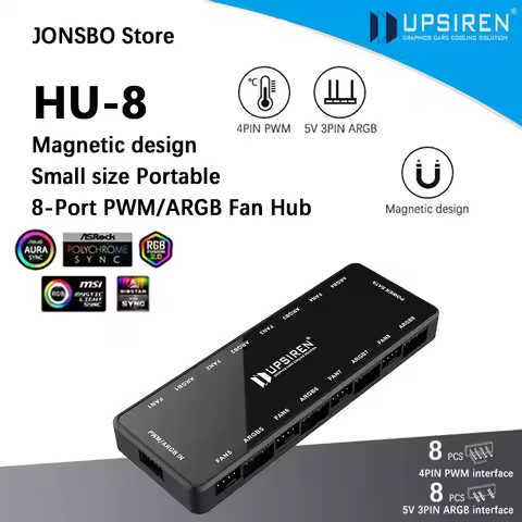 UPSIREN HU-8 Chassis Fan Hub，8 Sets of ARGB and PWM Interfaces,Bottom magnetic design，Support mother