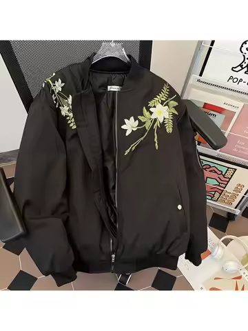 Women's Black Gothic Emo Baseball Jacket Coat Vintage Harajuku 2000s Long Sleeve Embroidery Bomber J