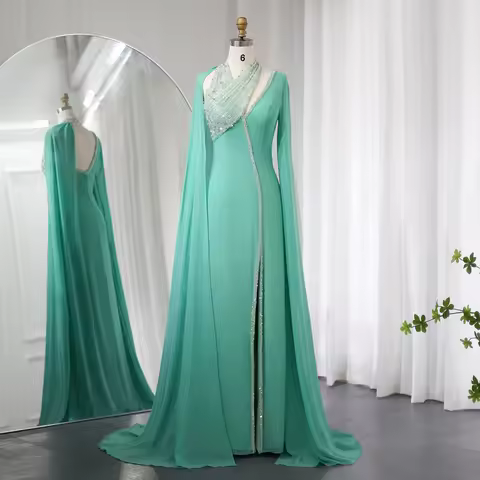 Sharon Said Turquoise Green Chiffon Dubai Evening Dress with Cape Sleeve Luxury Beaded Women Wedding