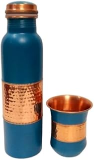 Ornate International COPPER WATER BOTTLE 1000 ML MIDLE SEQUENSE HAMMERED NEW LOOK DESIGN FOR DRINKING WATER (BLACK) set of 2 (BLUE)