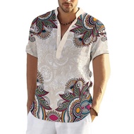 Ethnic Barong Style Men's Stand-up Collar Short-sleeved Tops 3D Floral Print Retro Ethnic Traditiona