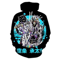 JOJO มีฮู้ดผจญภัยแบบแปลกประหลาดเสื้อผ้าแนวสตรีทพิมพ์ลาย3D อนิเมะโจโจ้เสื้อกันหนาวขนาดใหญ่เสื้อสวมหัว