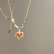 Red zircon maple leaf necklace versatile sweater chain premium pendant accessory
