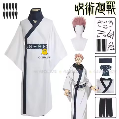 Ryomen Sukuna Cosplay Costume Wig Anime White Kimono Uniform Stickers Scarf King of Curses Halloween