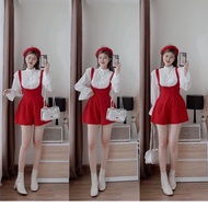 Korean women's thigh bib set, red 2-piece bib set with lovely pleated long-sleeved white shirt