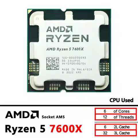 Used AMD Ryzen 5 7600X R5 7600X 4.7GHz CPU processor 6-Core 12-Thread 5NM L3=32M 100-000000593 Socke