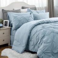 King Comforter Set - Cal King Bed Set 7 Pieces,Pinch Pleat Light Blue Bedding Set With Comforters,Sheets,Pillowcases Shams