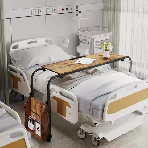 Adjustable Height Mobile Bed Desk with Wheels, 60.6-84.2 Inches Overbed Table, Workstation Laptop Ca