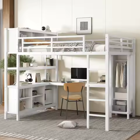 Metal Loft Bed with Wardrobe And L-shaped Desk, Queen Size Loft Bed with Storage Cubes and Shelves, 