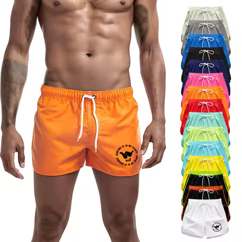 Men's Quick Dry Swimming Shorts Drawstring Elastic Waist Surf Pants Text and Surfer Print Athletic W