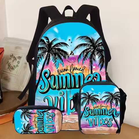 3pcs [2D Flat] Backpack Set, Summer Vibes Palm Tree Beach Graphic School Bag with Crossbody Bag & Pe