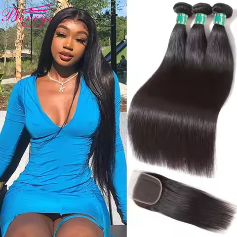 Berrys Fashion Straight 3 Bundles With 6x6 Lace Closure Brazilian Virgin Hair 10-28in Nature Color 1