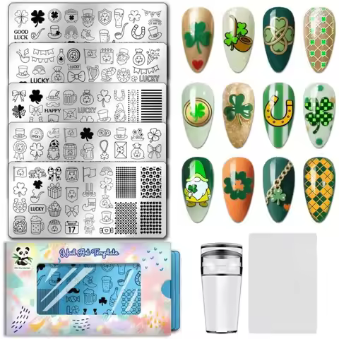 5pcs St. Patrick's Nail Stamping Plate Rainbow Gnome Nails Image Stamp Clover Hat Nails Art Stencils