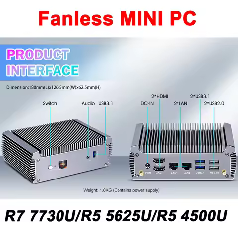 Fanless Mini PC AMD Ryzen 7 7730U/R5 5625U/4500U Firewall Router Windows 11 2*LAN Firewall Server 2*