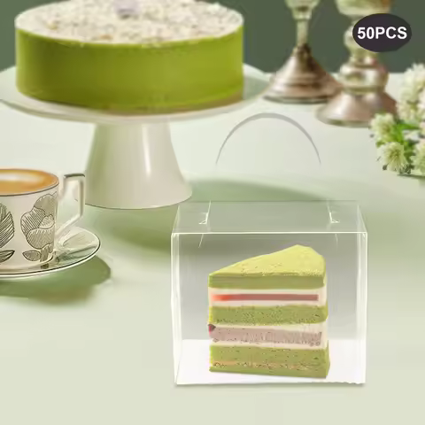 Clear Disposable Cake Boxes Set of 50, 4.7x3.9x3.1in Plastic Carrier with Handle for Wedding Baby Sh