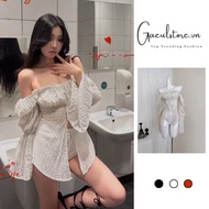 Gaeul store-off-the-shoulder shirt with ruffle sleeves and polka dot pattern